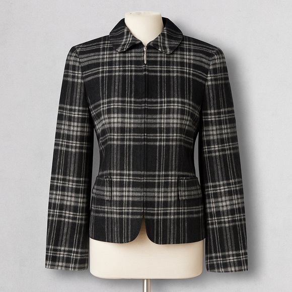 Jones New York Black Plaid Wool Blend Zip Jacket – Size 6 - Picture 3 of 16